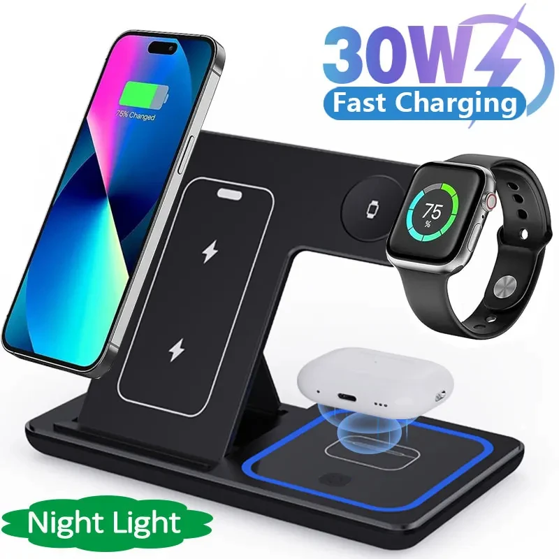 30W LED Fast Wireless Charger Stand 3 in 1 Foldable Charging Station For iPhone 15 14 13 12 11 Apple Watch 9 8 7 6 5 Airpods Pro - Image 2